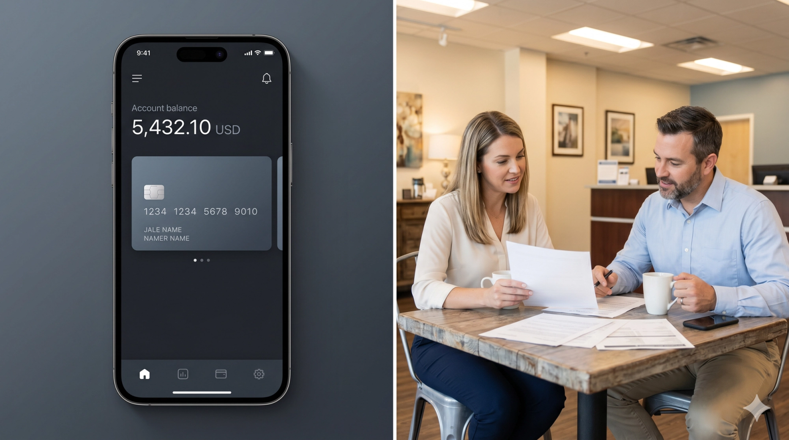 Side-by-side visual contrast of a neobank mobile app interface on the left and a community banker meeting a small business owner in person on the rightFintechs compete on interface. Community banks compete on relationship. Banks that market both dimensions clearly are capturing customers that megabanks and neobanks both miss.