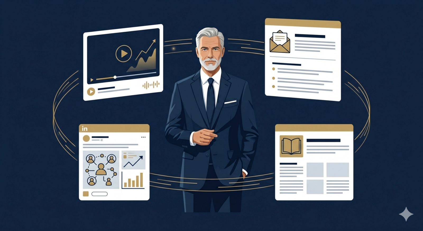Financial advisor digital content ecosystem showing LinkedIn posts, email newsletters, blog articles, and video channels connected to a central advisor