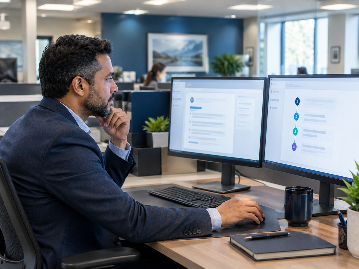 A credit union loan officer reviews an AI-generated document summary on screen as part of a human-supervised workflow.