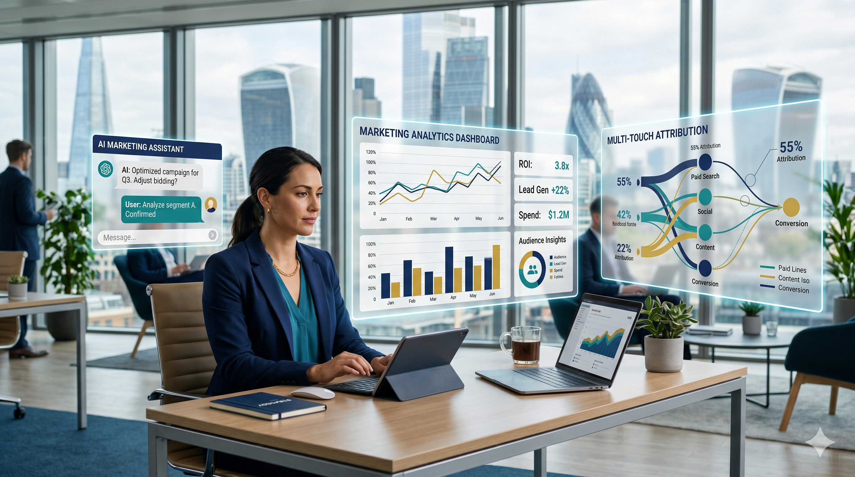 A financial services marketing professional working with AI-powered dashboards and analytics tools, representing the transformation of FinServ marketing through generative AI in 2026.