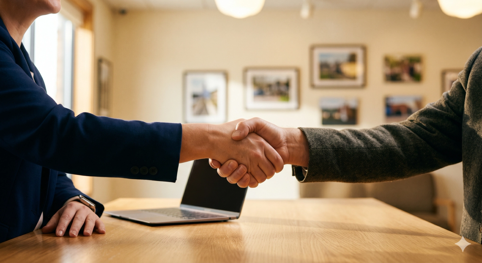 Community banker and customer shaking hands across a desk in a local branch office, representing data-driven trust as a key bank brand differentiator in 2026