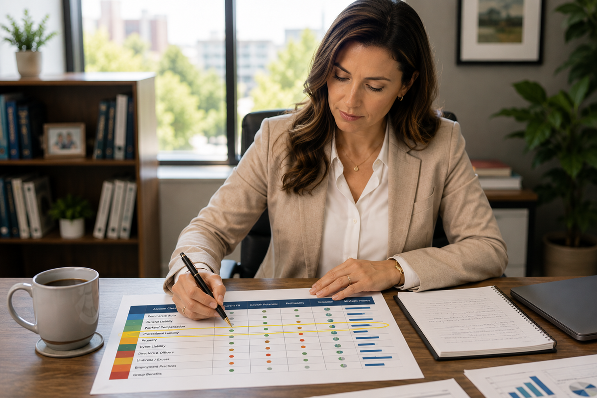 An insurance producer reviewing a printed book-of-business spreadsheet, circling a specific account class with a pen.