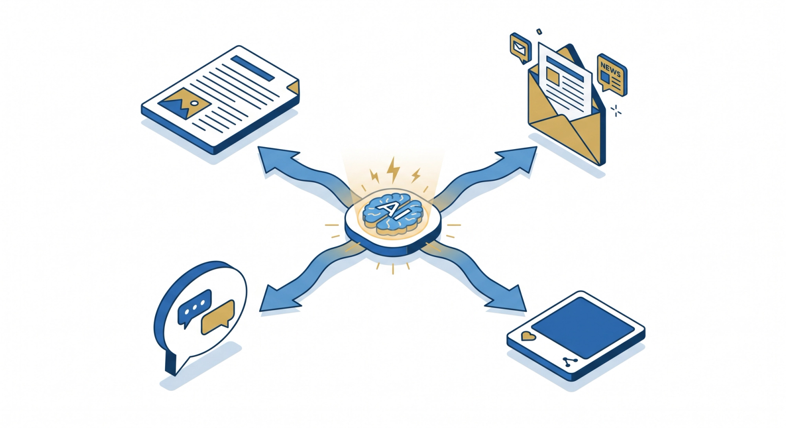 Isometric illustration of an AI-assisted bank marketing content workflow connecting blogs, emails, social posts, and chatbots from a central AI node