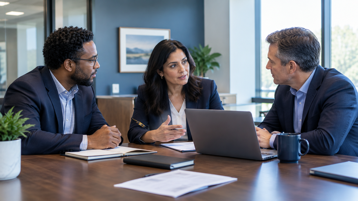 A small team of professionals collaborates on an AI implementation project in a conference room setting.
