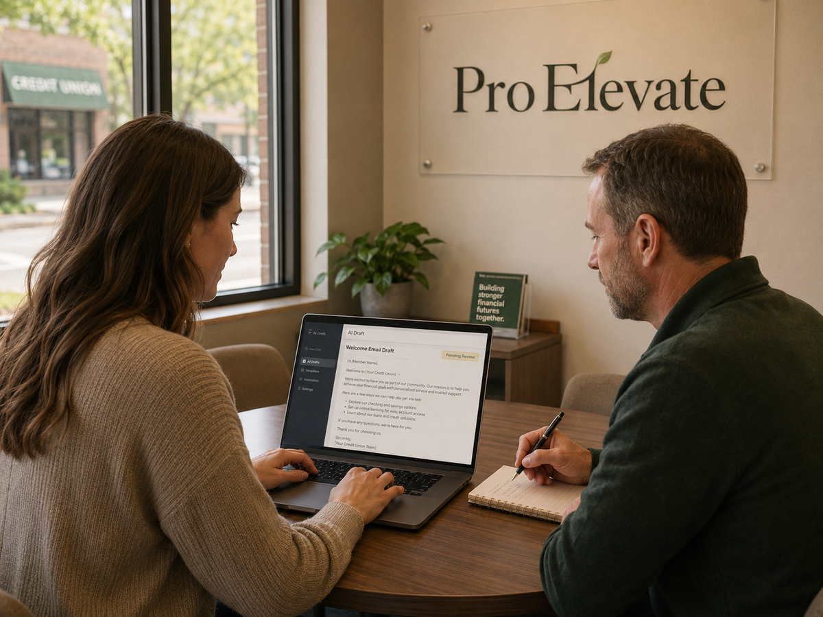 A marketing director and a colleague sit side by side in a small credit union office, both focused on a single laptop screen. The woman in her 30s types while the man beside her reads the screen with a pen in hand, making notes on a pad. The laptop displays a structured text draft marked with a "Pending Review" badge, indicating AI-generated content awaiting human sign-off before publication. Warm office lighting, practical setting.