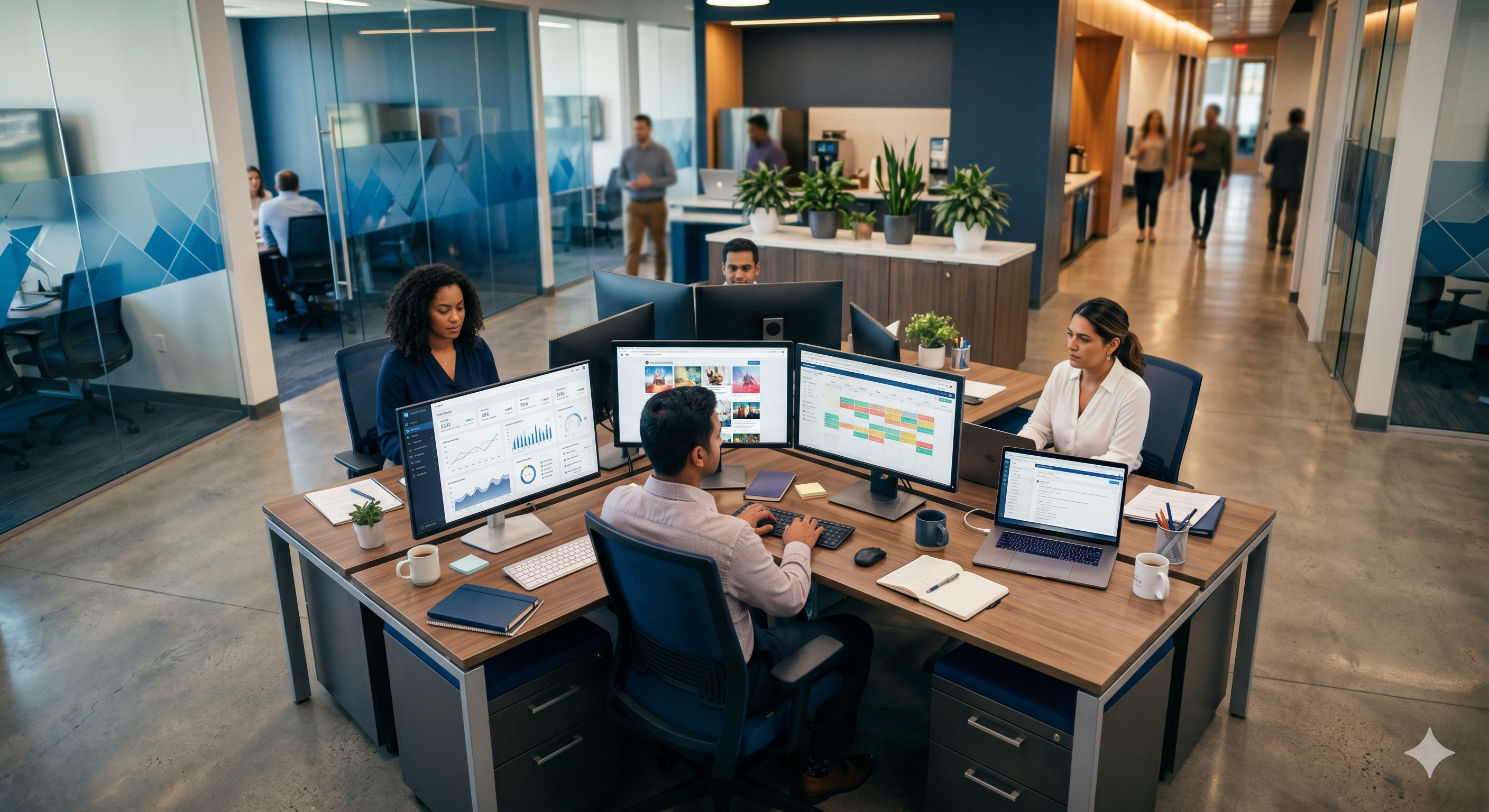A community bank marketing team working at modern desks with content dashboards and a campaign calendar on screen, representing the shift to data-driven, AI-assisted bank marketing in 2026