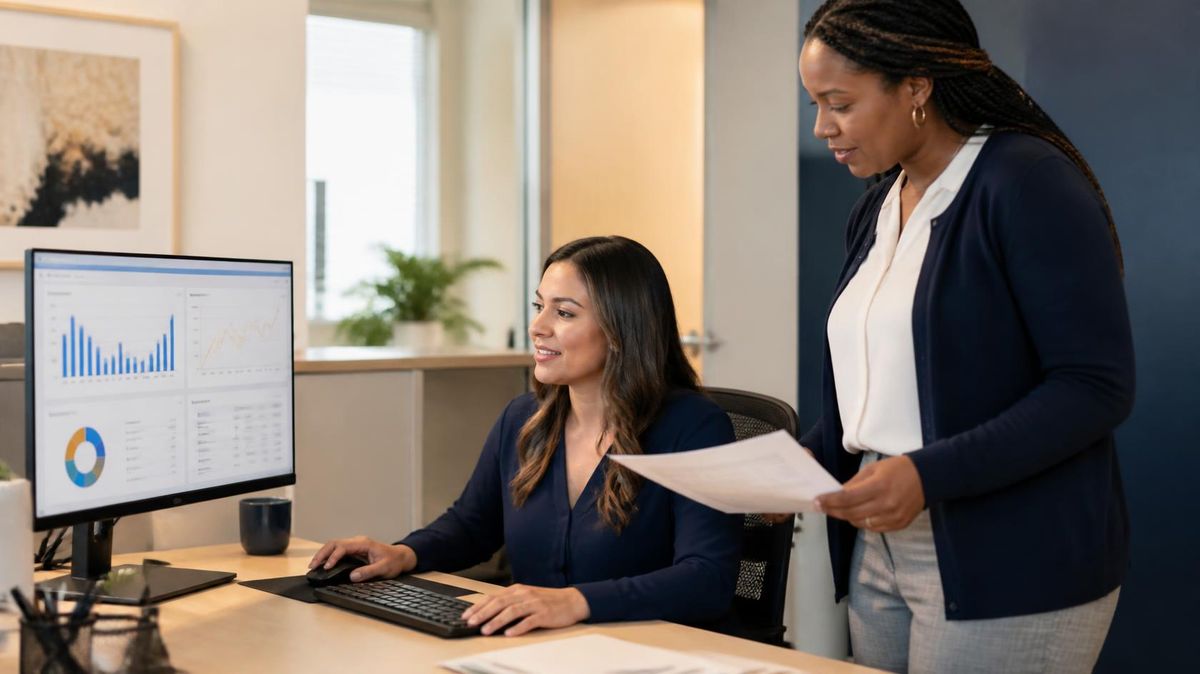 Credit union staff Reviewing AI-generated member data on a workstation in a small branch office.