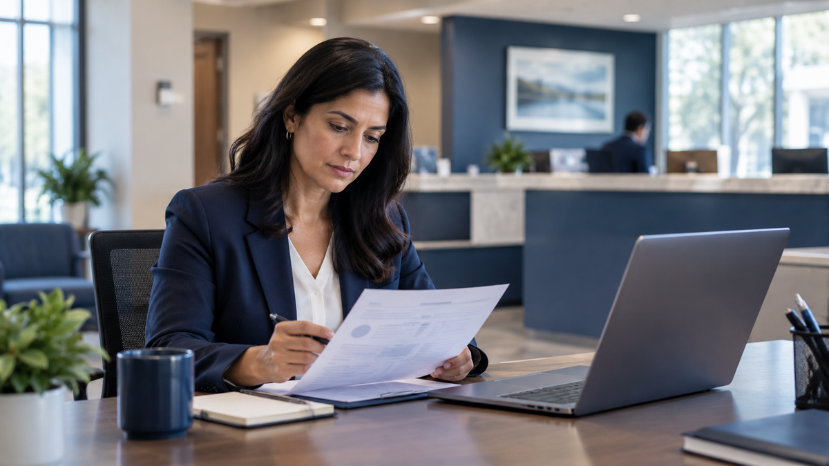 A credit union professional carefully reviews AI-generated output at her desk before approving it for use.