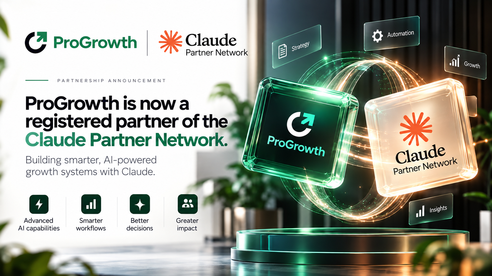 ProGrowth announces its registration as a Claude Partner Network partner, featuring glowing ProGrowth and Claude branded 3D elements connected by AI-powered workflow graphics.