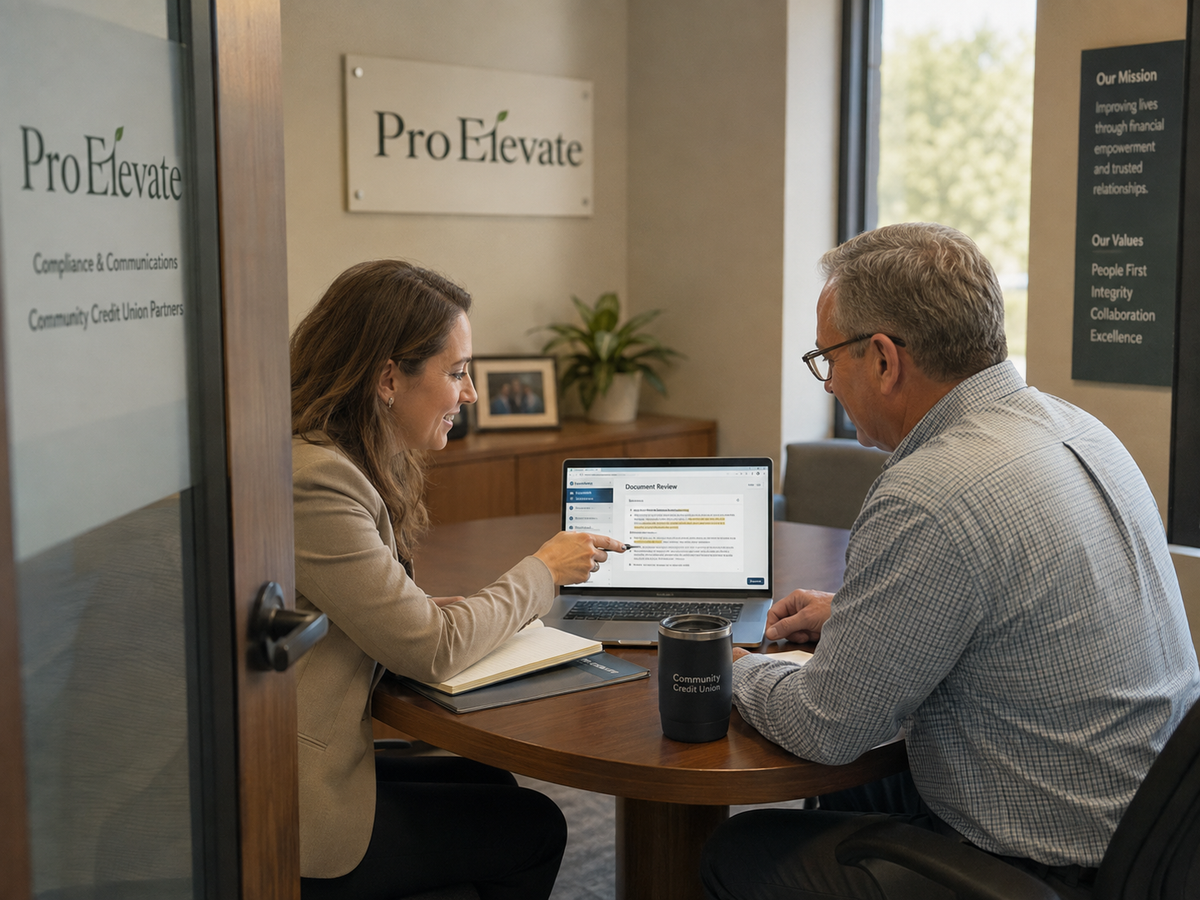 A credit union marketing director and compliance officer sit across a small conference table, both leaning toward an open laptop displaying a document review screen. The marketing director, a woman in her thirties, points at the screen while the compliance officer, a man in his fifties, reviews the same content. Natural window light. The posture of both figures is collaborative and engaged, not adversarial.