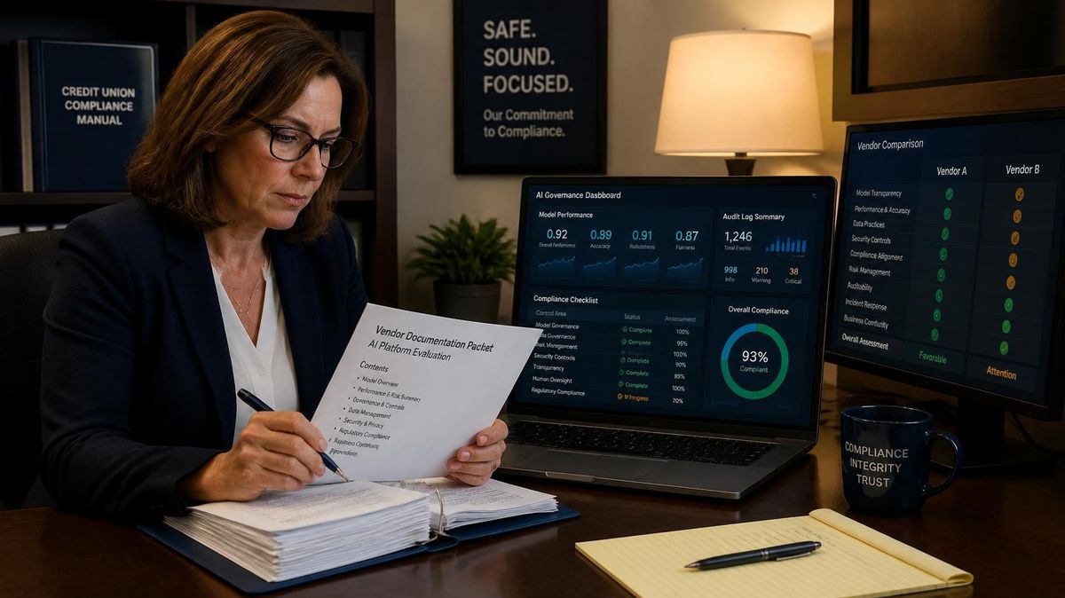 Credit union compliance leader reviewing vendor documentation during an AI platform evaluation meeting.