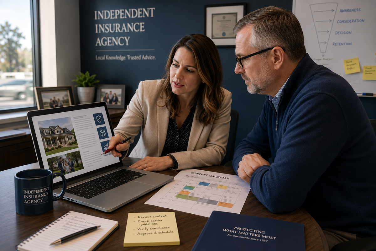 Two insurance agency professionals reviewing AI-generated marketing content together on a laptop before it is published.