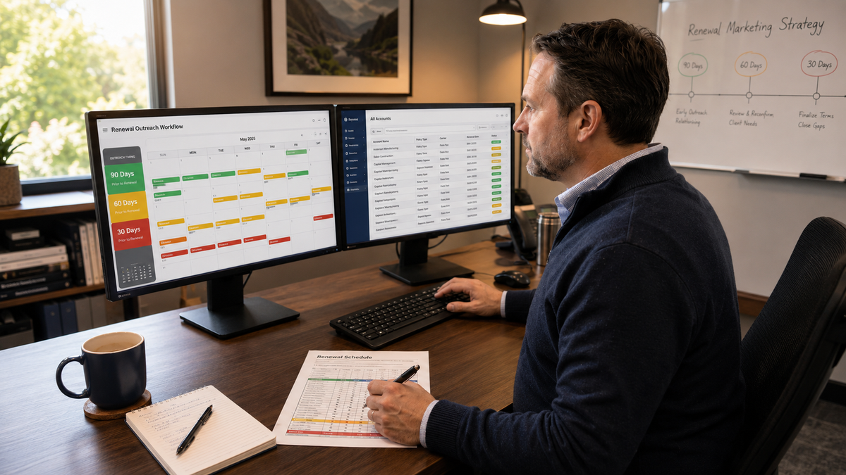 : An insurance agency staff member managing a renewal marketing schedule on a dual-monitor workstation with calendar and AMS interfaces
