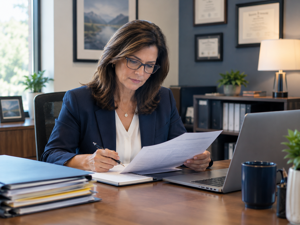 A credit union loan officer reviews an AI-generated document summary on screen as part of a human-supervised workflow.
