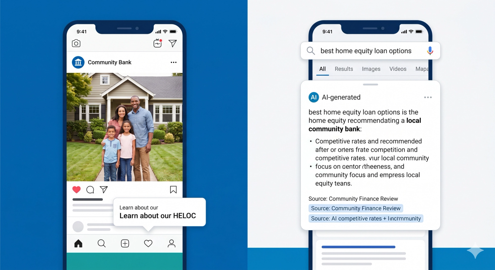 Split illustration showing a community bank featured in a social media feed on the left and cited in an AI-powered search result answer card on the right