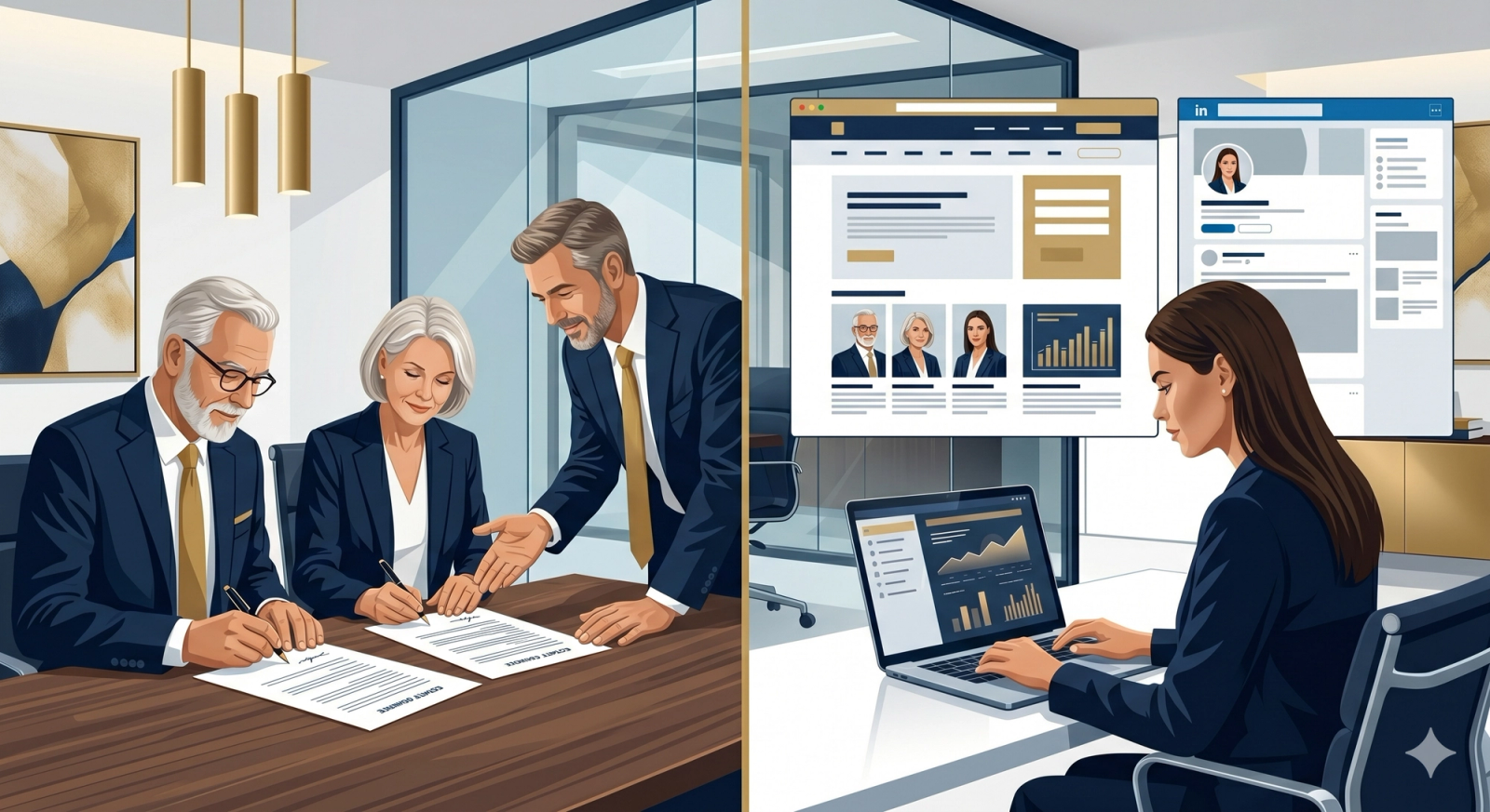 Split image showing a senior couple with a financial advisor alongside a millennial heir researching wealth management firms online