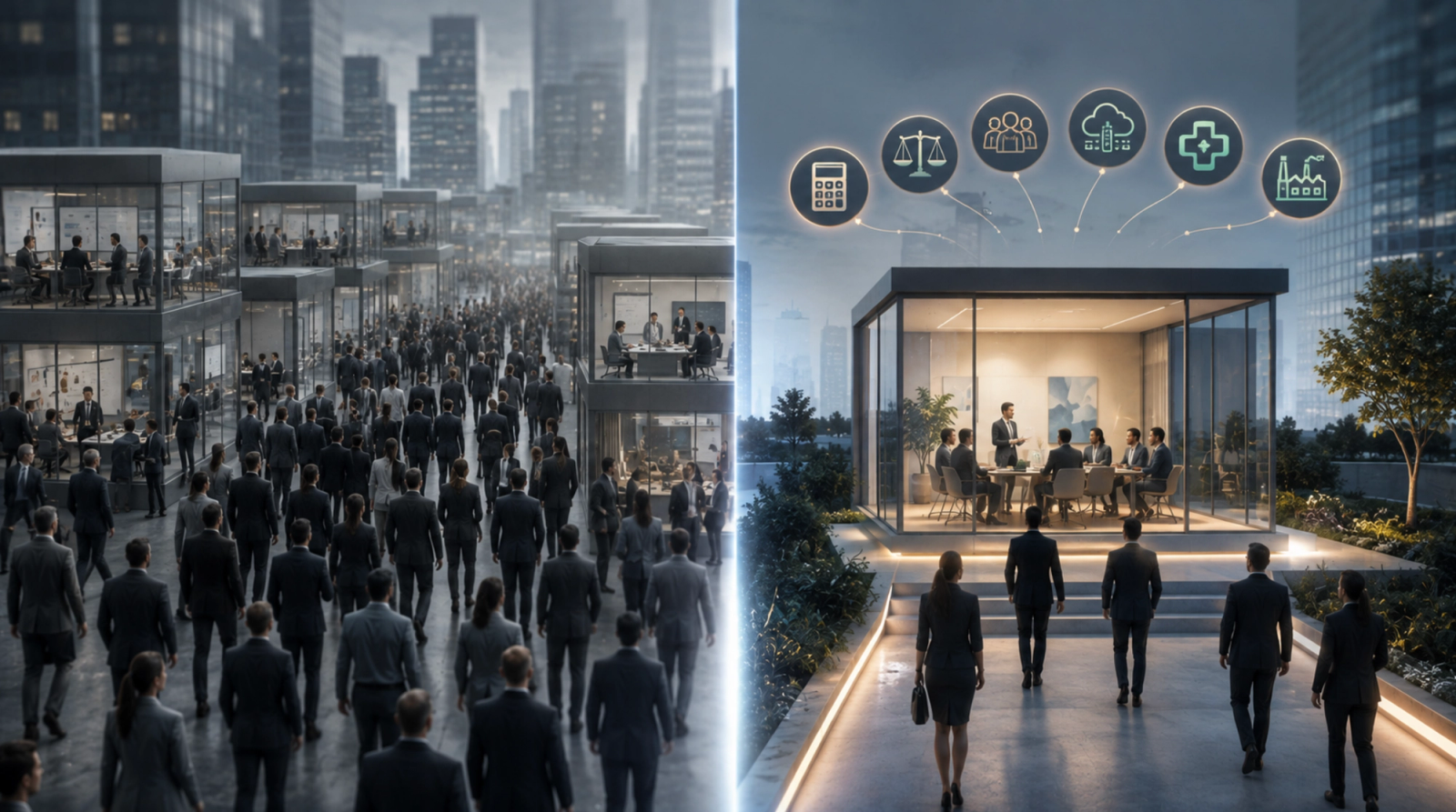 Visual comparison of generic positioning versus specialized niche positioning for professional services.