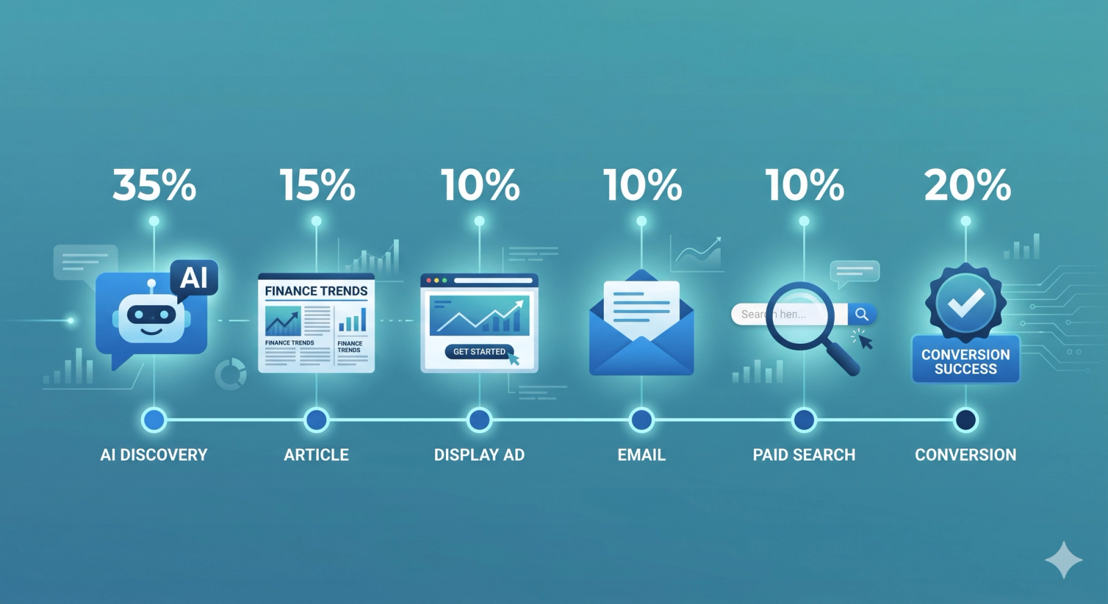 Multi-touch attribution model showing how AI-influenced discovery touchpoints contribute to a financial services customer journey before the final conversion click.
