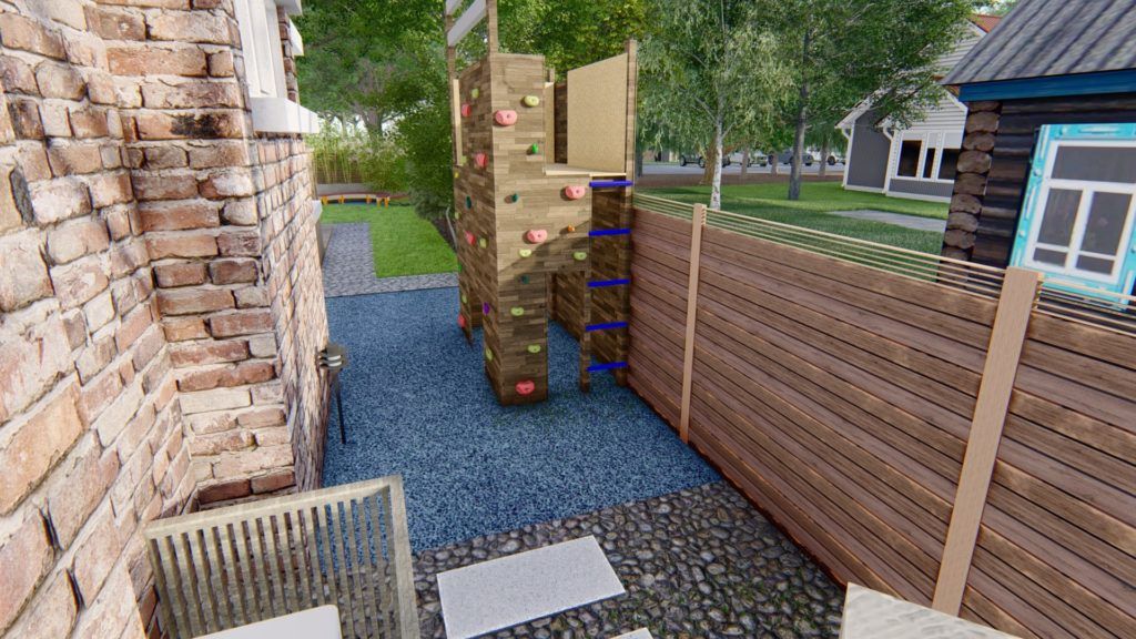 This side yard didn't have enough sun for the garden the homeowner wanted, so instead the design team added a climbing wall 