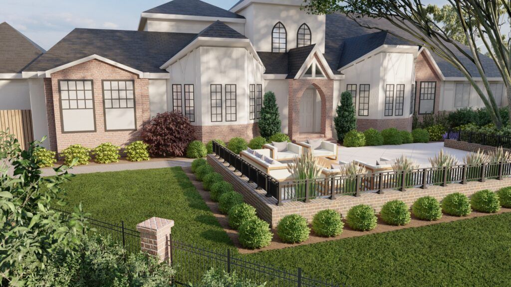 a front yard landscaping plan with a front porch patio seating area surrounded by a fence, and formal garden that relects the architecture of the house
