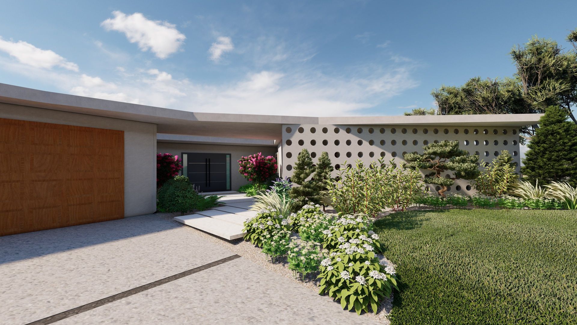 a mid century modern front entry with grasses and flowering plants for curb appeal 