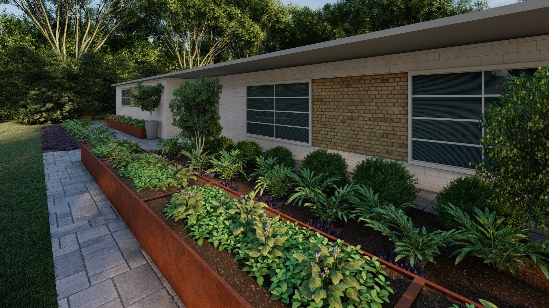 curb appeal for a front yard landscaping plan with shade trees, low maintenance plants, evergreen foliage and other plants