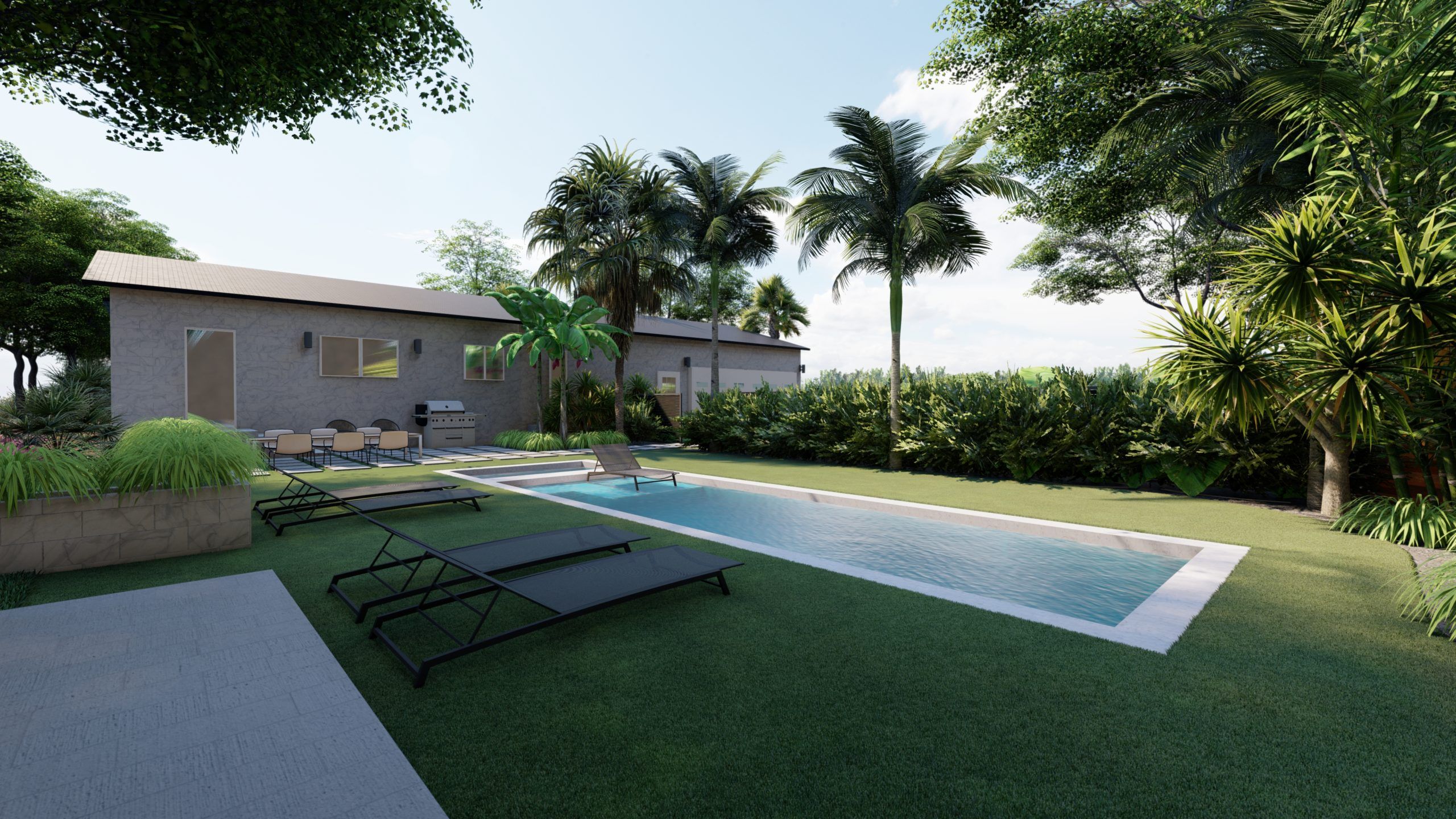 Backyard pool with house pictured