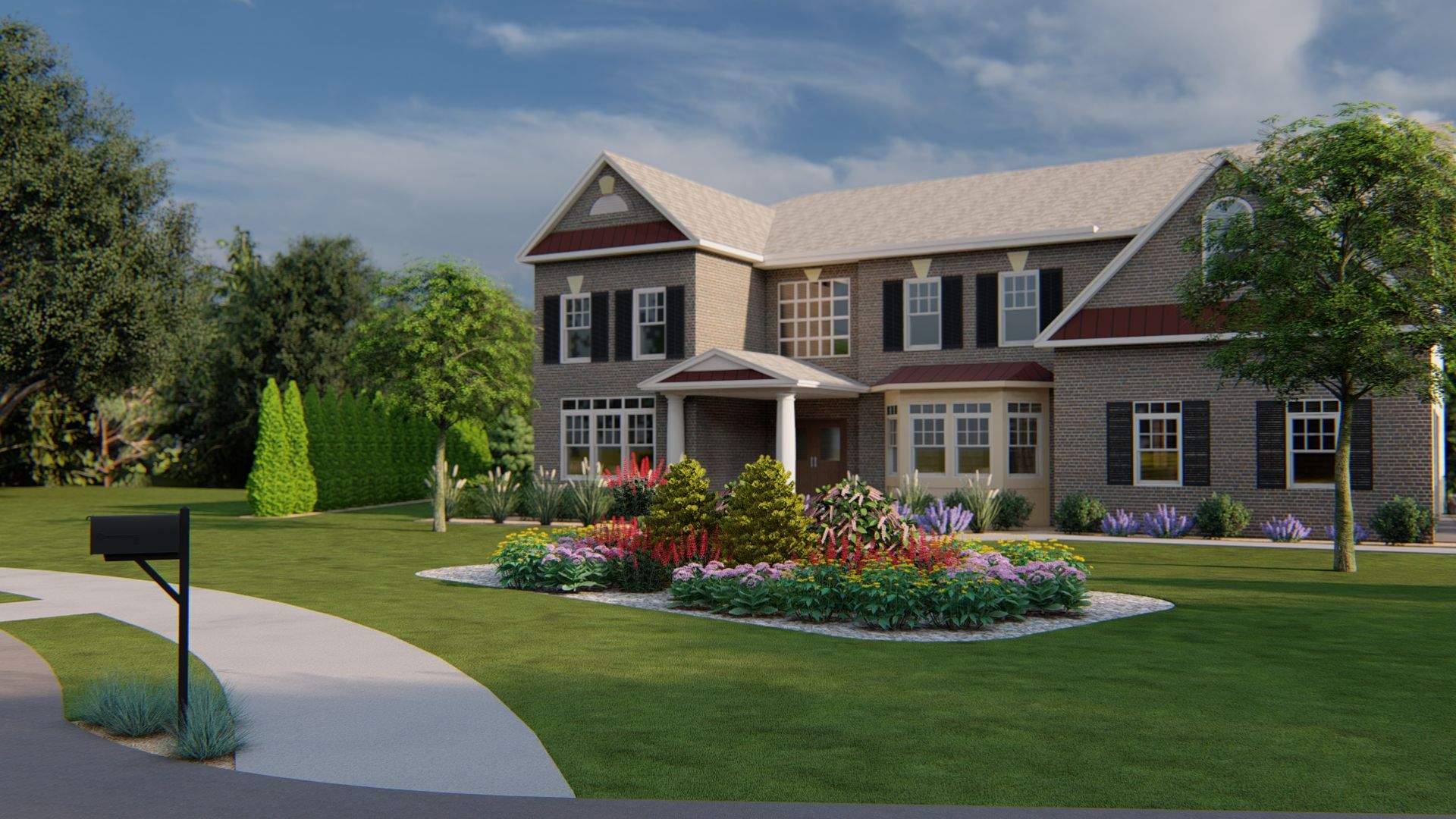 front yard curb appeal with large trees, emerald green arborvitae and colorful flower beds at the front entry