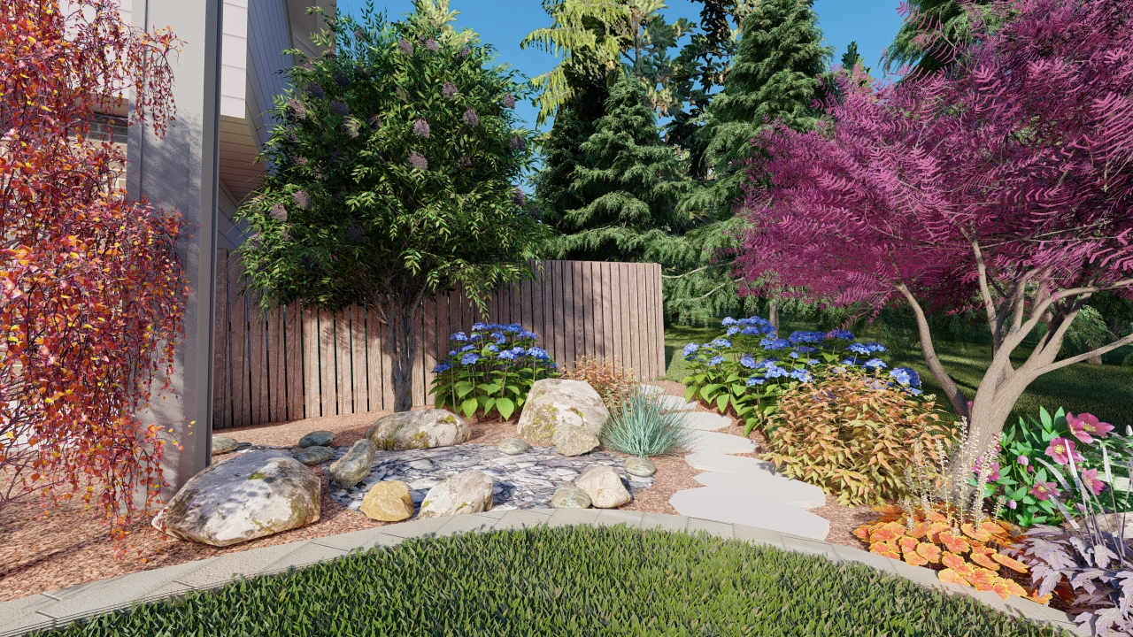a Tilly yard with reduced lawn and added rocks, a rain garden and native plants