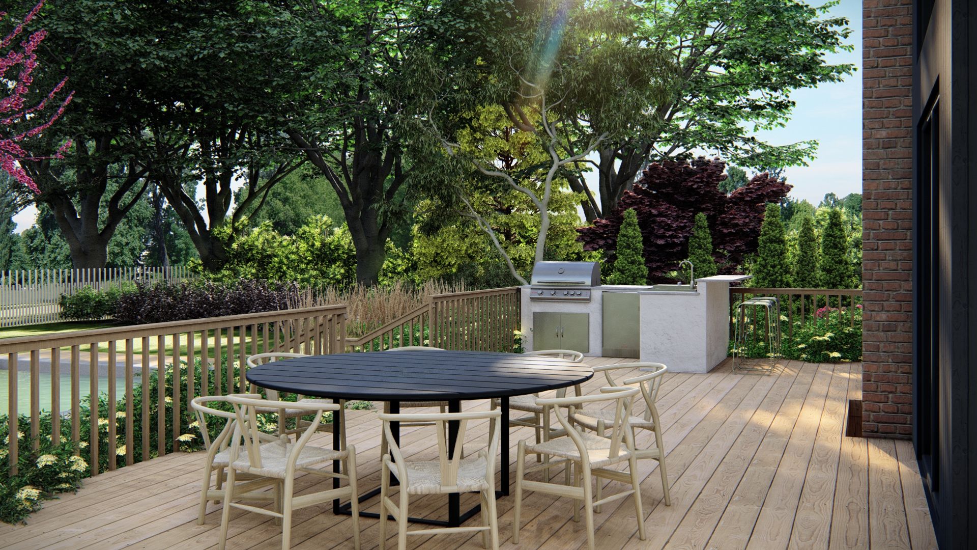 a well constructed deck that was power washed with a safety railing