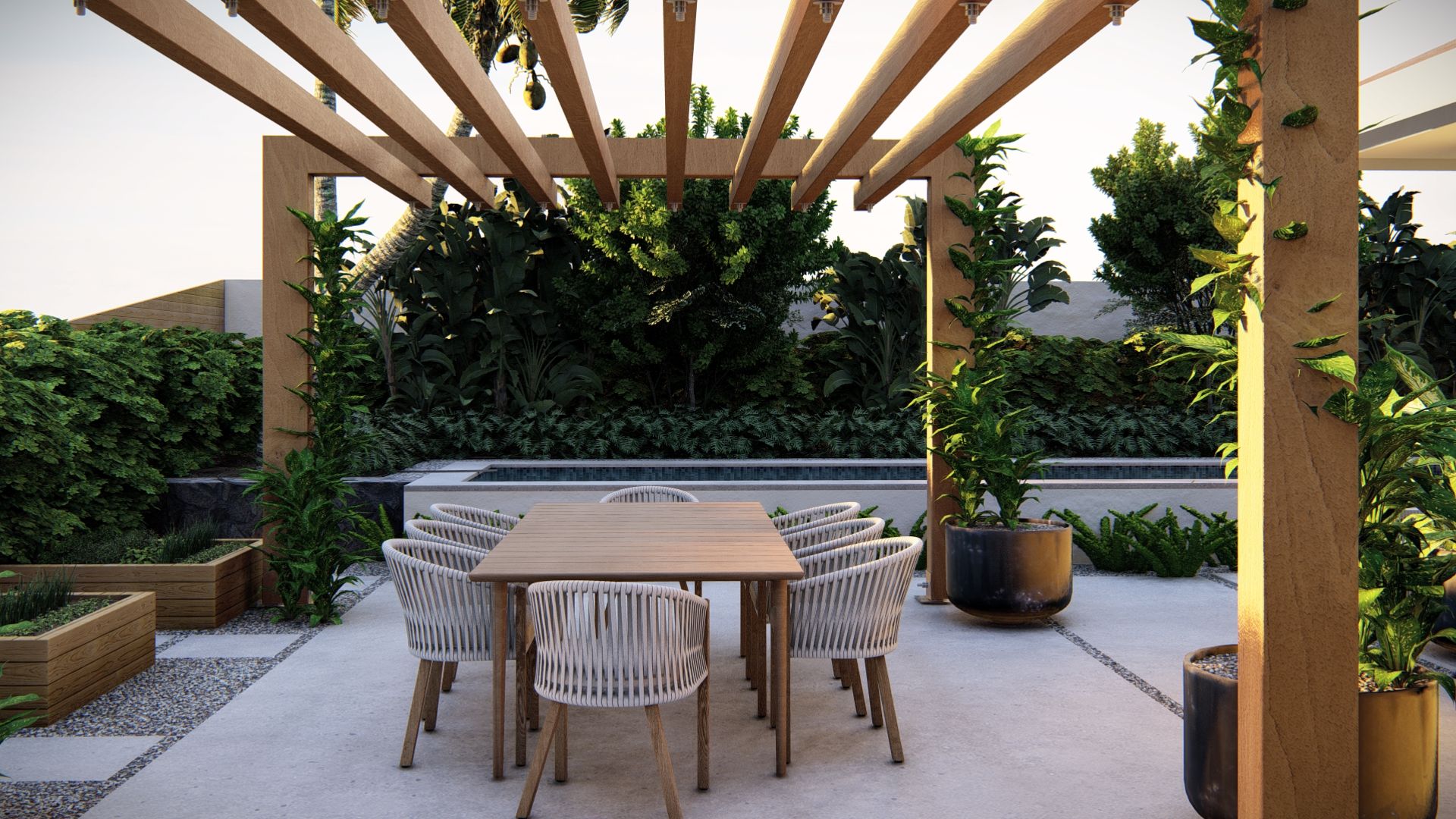 potted plants at the base of a cedar pergola 
