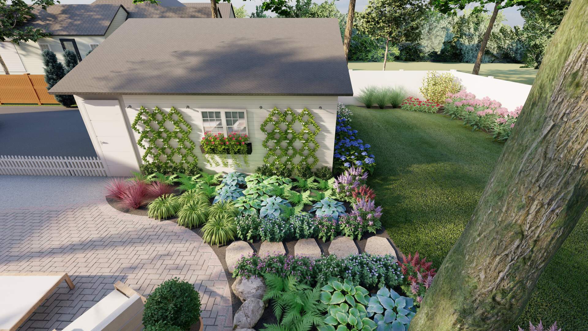 backyard landscaping ideas with lush plants and shrubs and a window box with flowers on the garage