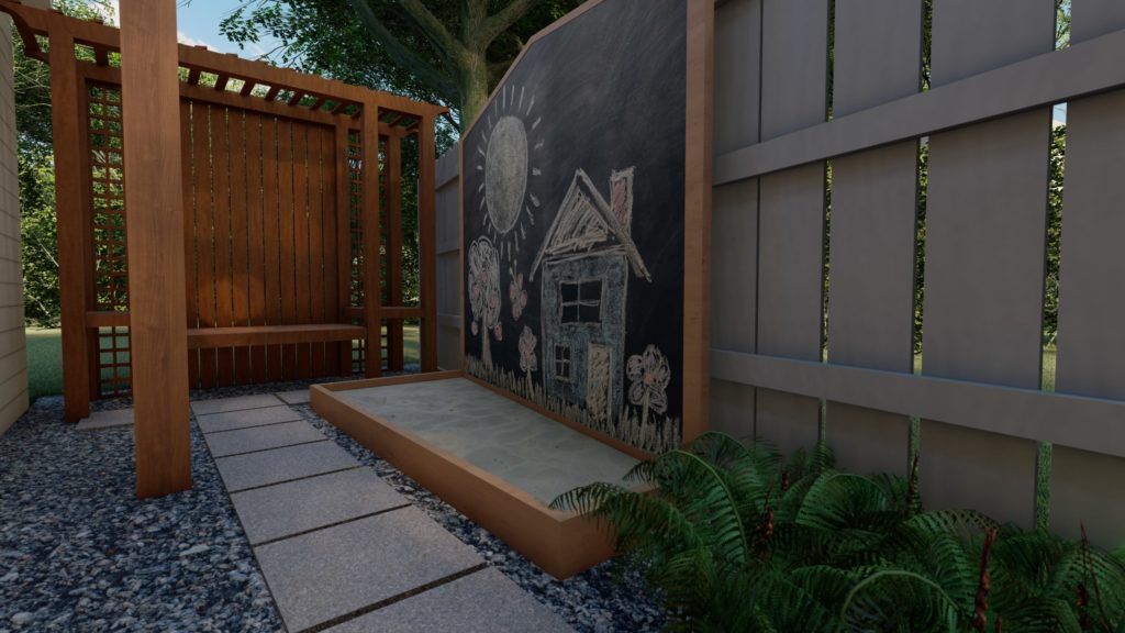 Making the most of narrow spaces, this home's side yard features a chalk board and sand pit with pavers