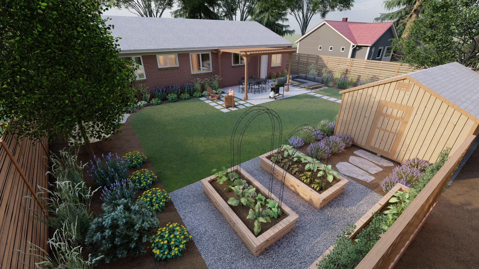 containers gardens in a small Denver backyard with a shed and container garden 