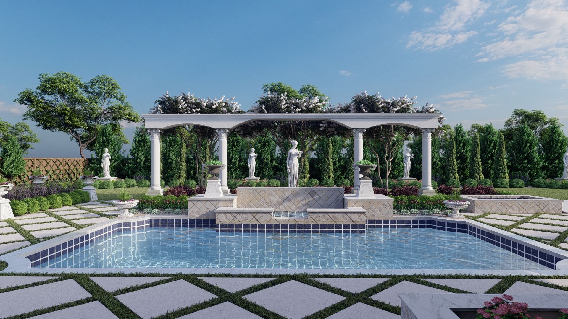 formal garden design, statues as art around a pool in the spring  