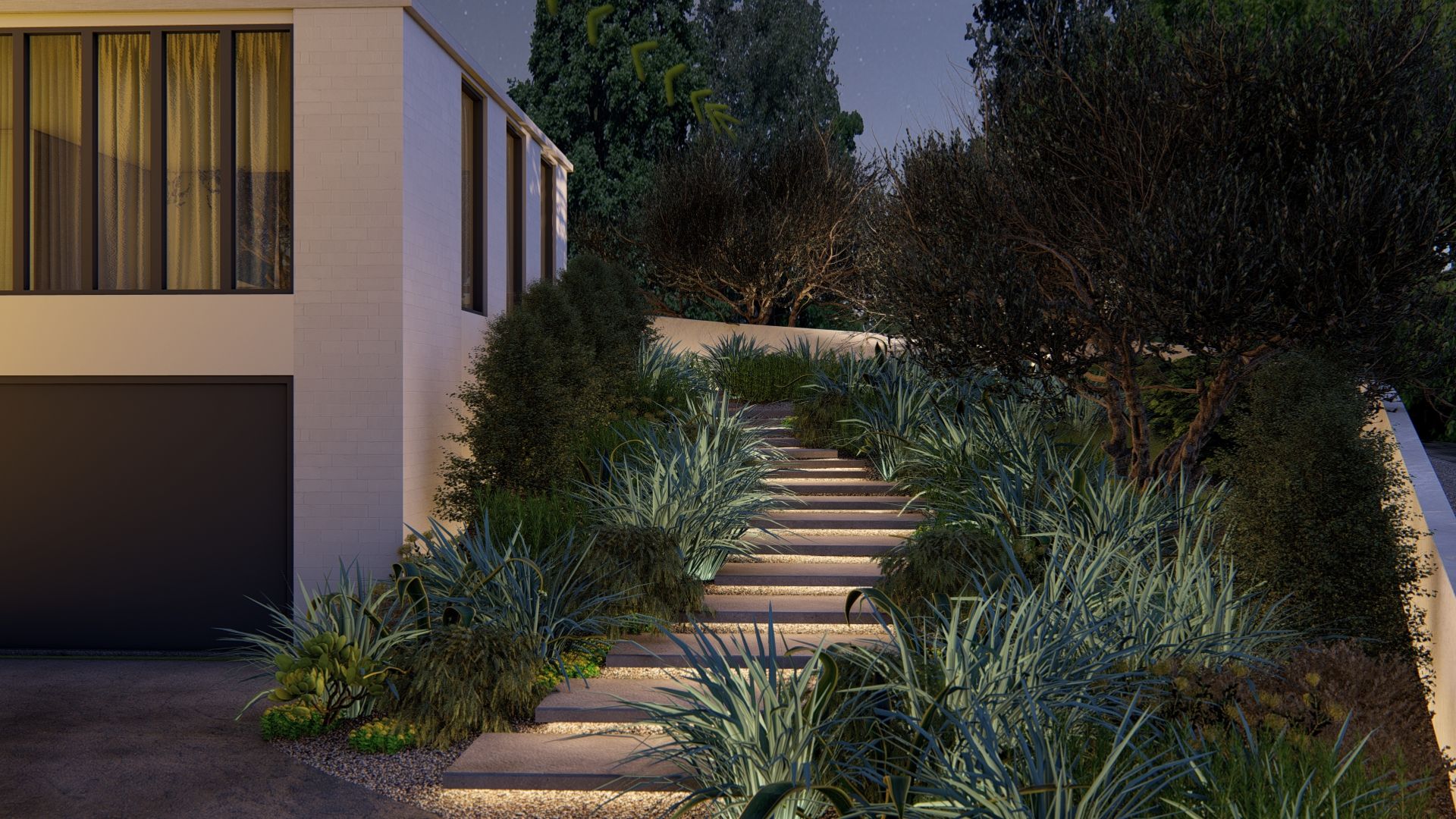 sloped backyard ideas on a budget, concrete pavers through a sloped backyards 