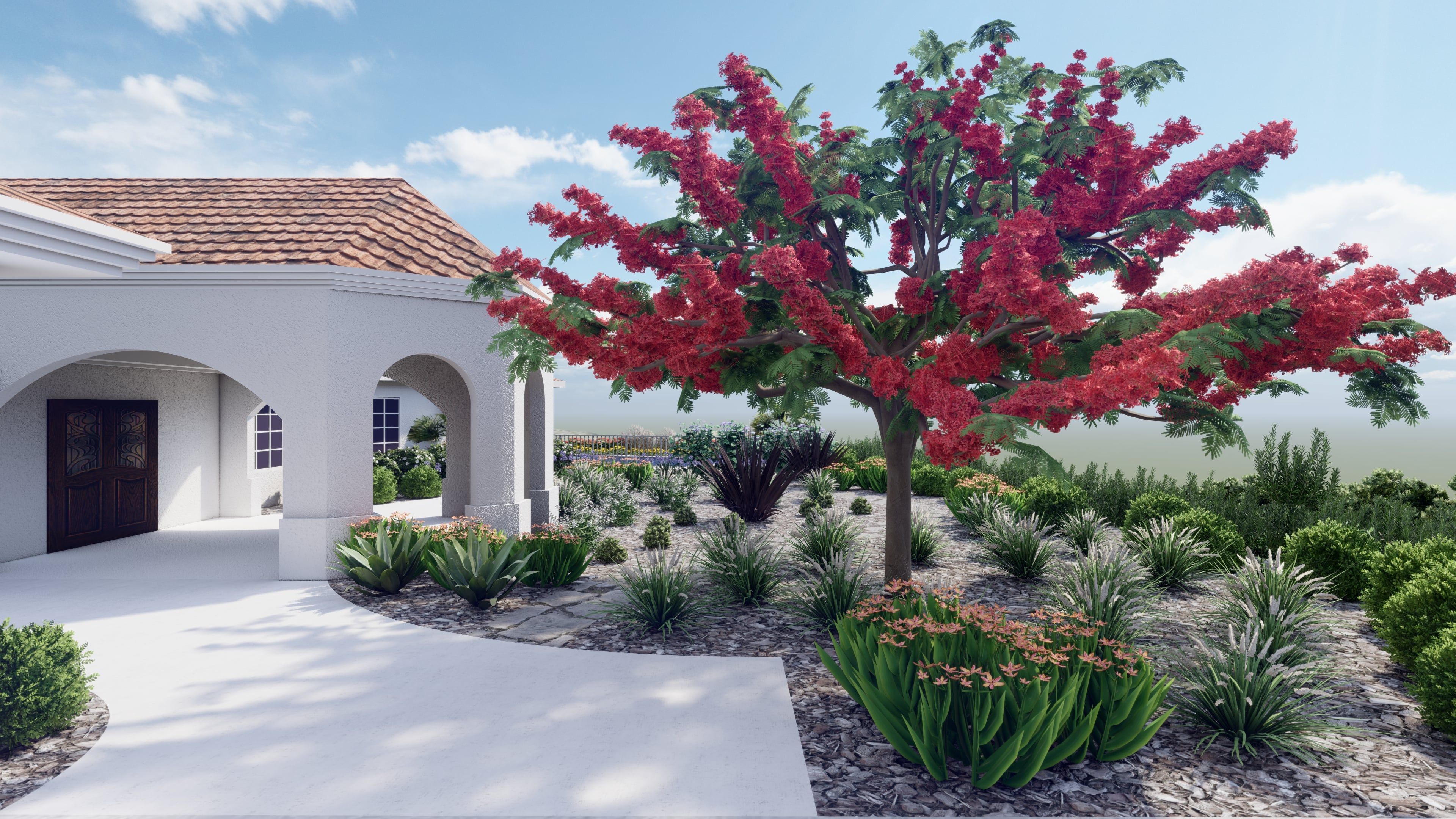 cheap simple front yard landscaping ideas, a tropical style home with no grass and a lot of flowers and drought resistant plants 