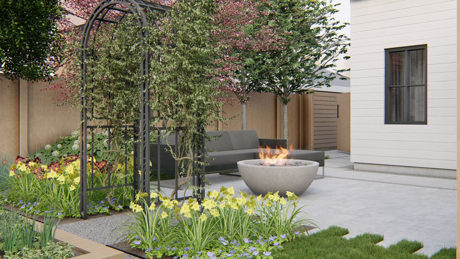 backyard fire pit design in one of this yard's outdoor living spaces 