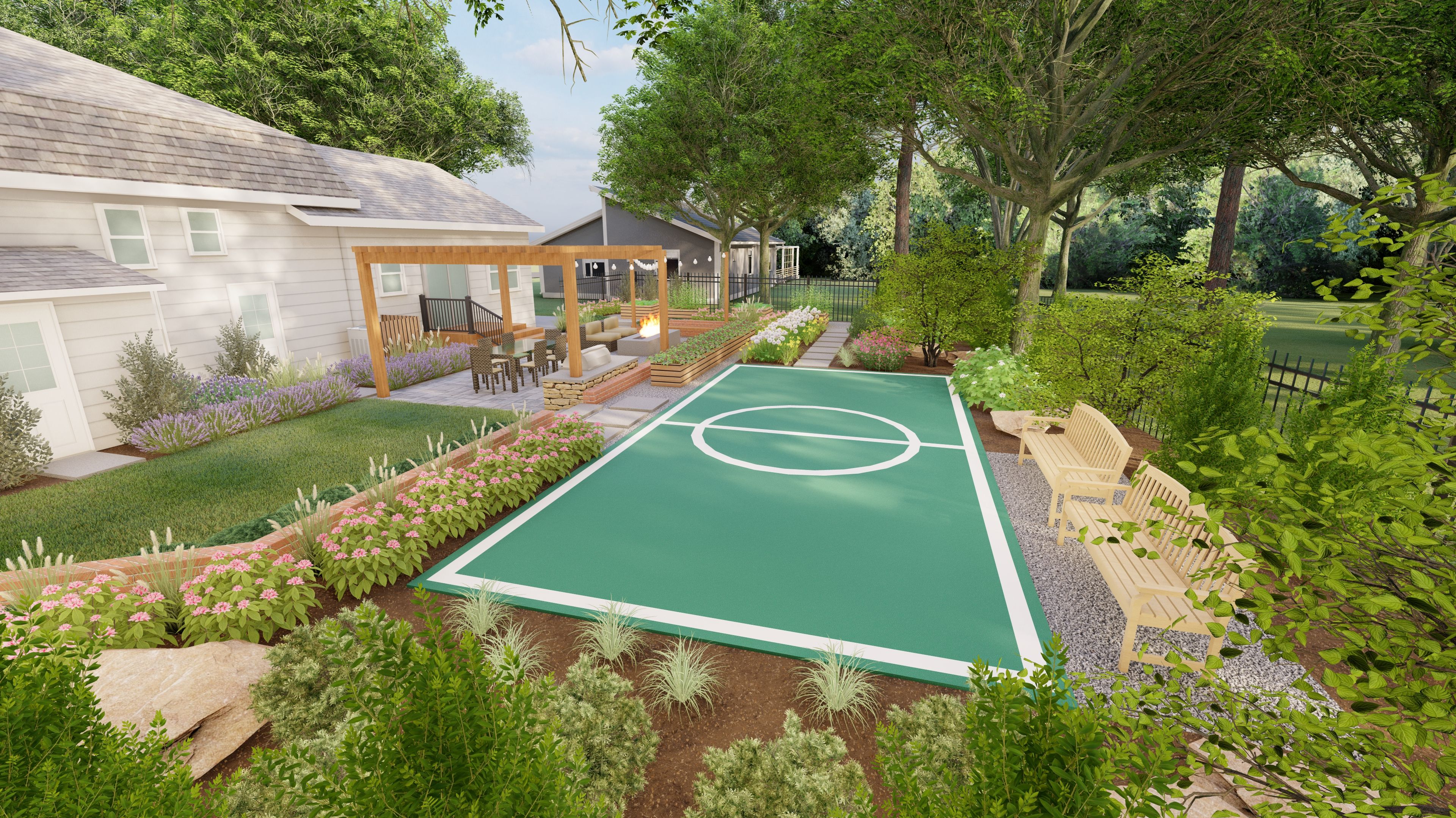 a backyard landscaping idea with a sports court and dining area was well as outdoor seating areas