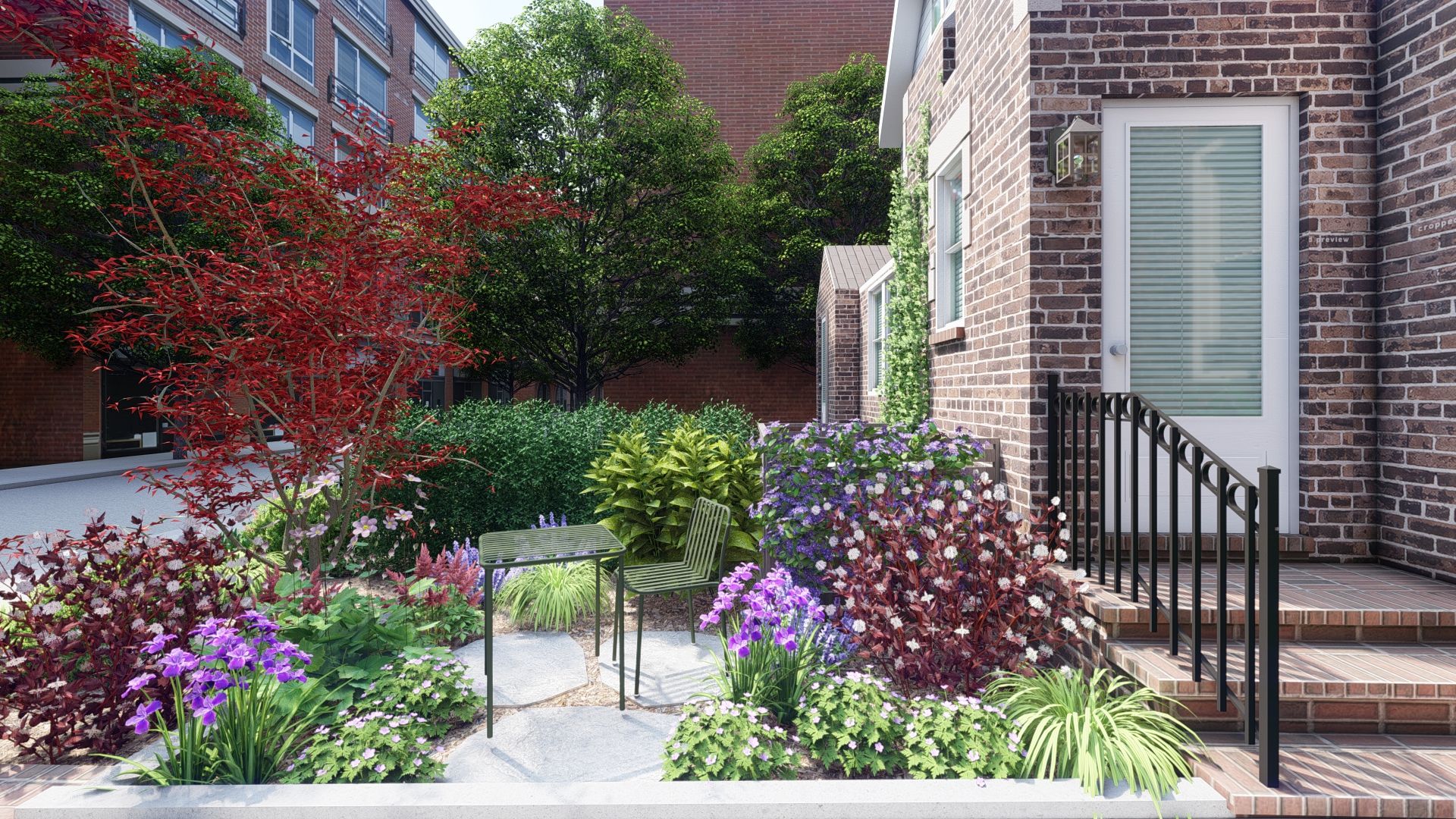 small front yard landscaping ideas for a full garden bed in a New York City brownstone front yard 