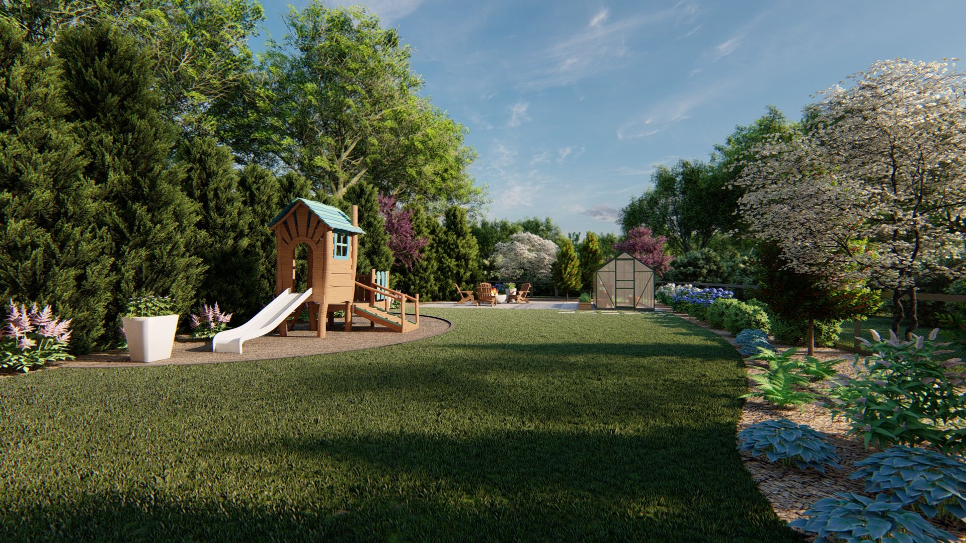 A 3D rendering of a backyard with a playlet by a Tilly landscape designer
