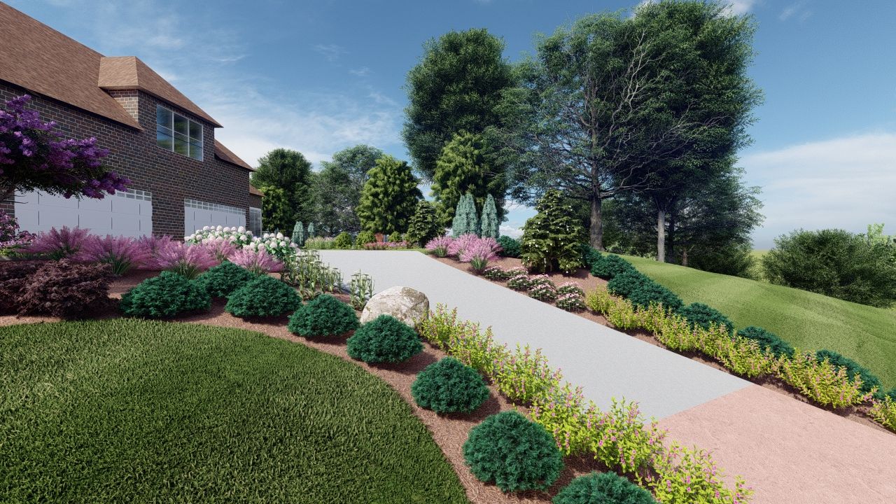 front yard landscaping ideas, a long driveway flanked by shrubs and colorful flowers. Tall 