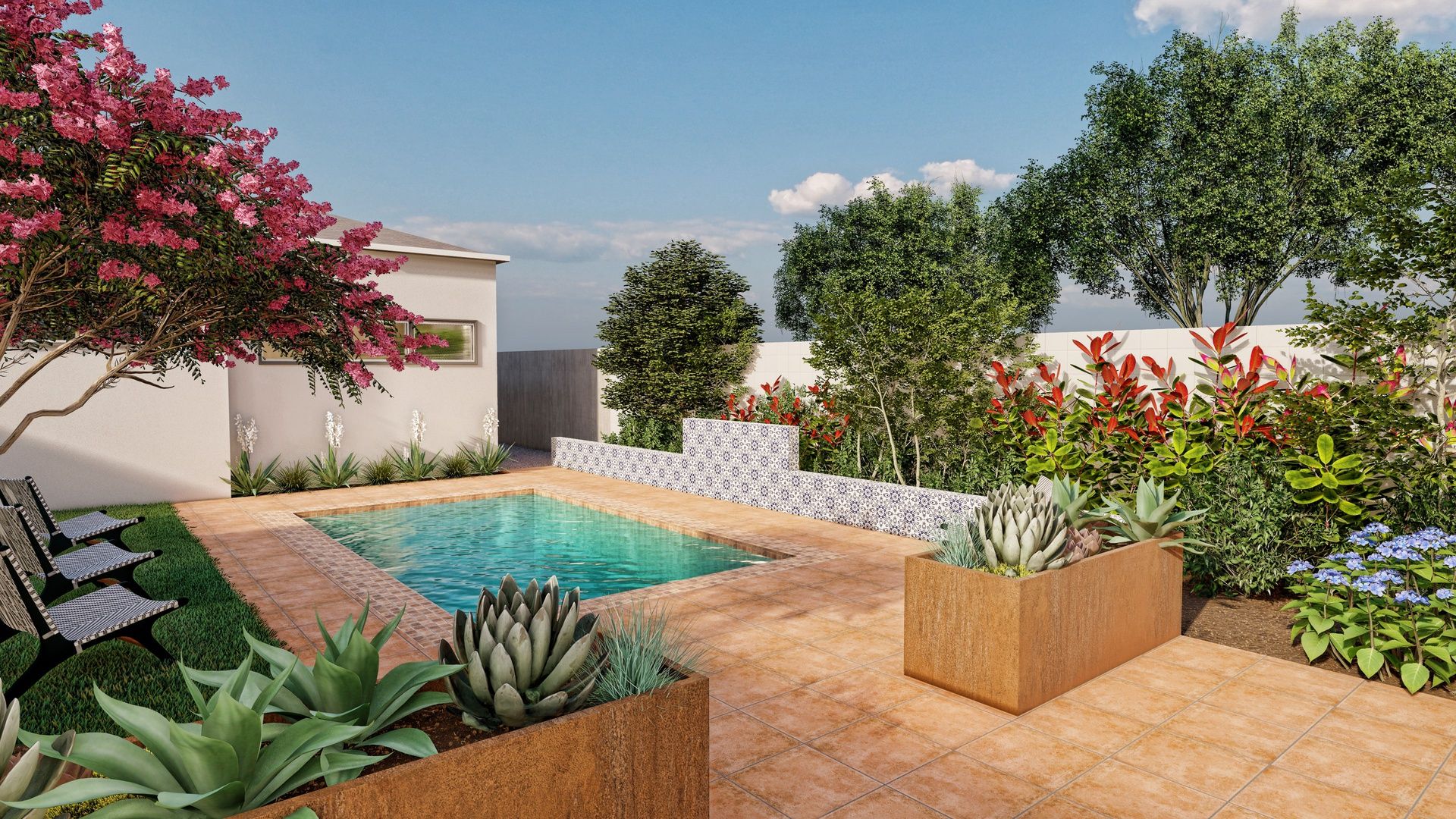 a plunge pool with wood planters filled with succulents and flowers