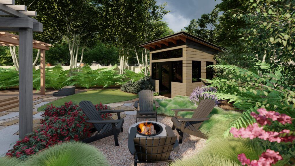 backyard landscaping design ideas with little lawn, a gravel patio, colorful gardens, adirondeck furniture and a backyard ADU with landscape plants around it 