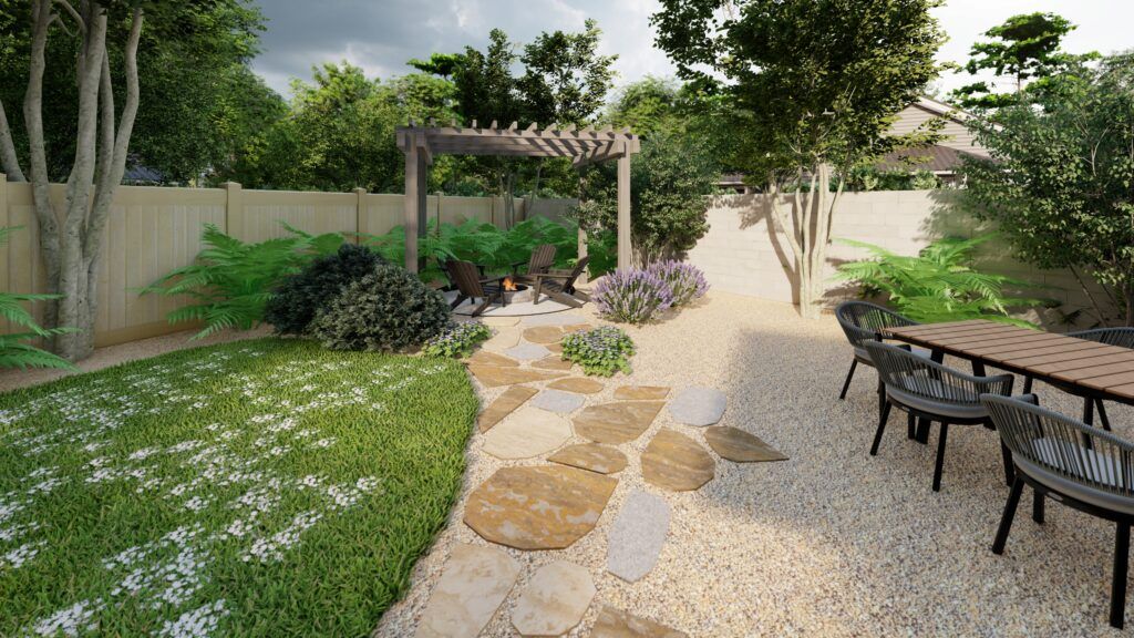 Backyard landscaping ideas with a pergola, native plantings, clean lines and other perennials next to a dining area 