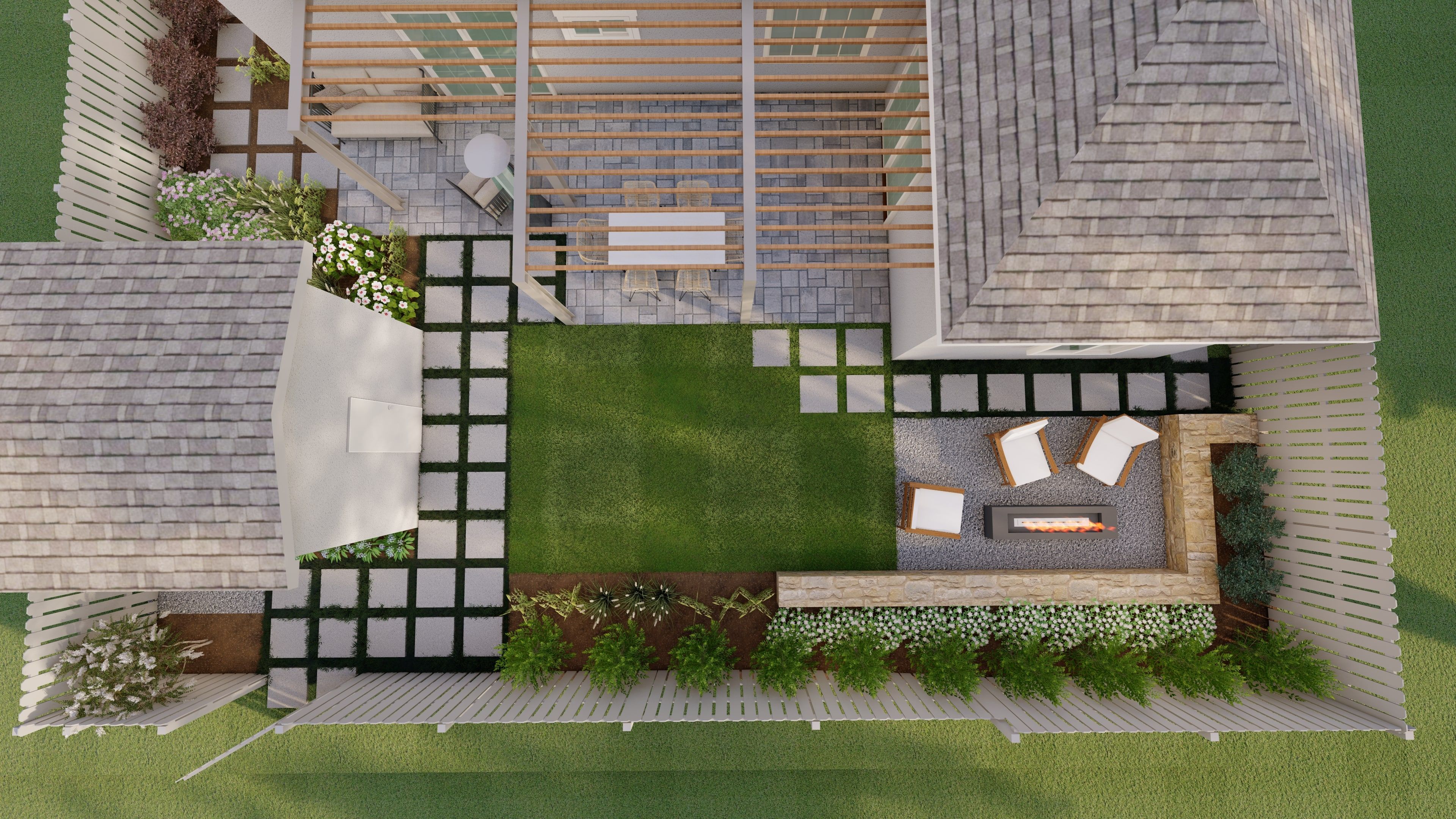 aerial layout that shows the pergola, patio, lounge area and dining table and plants 