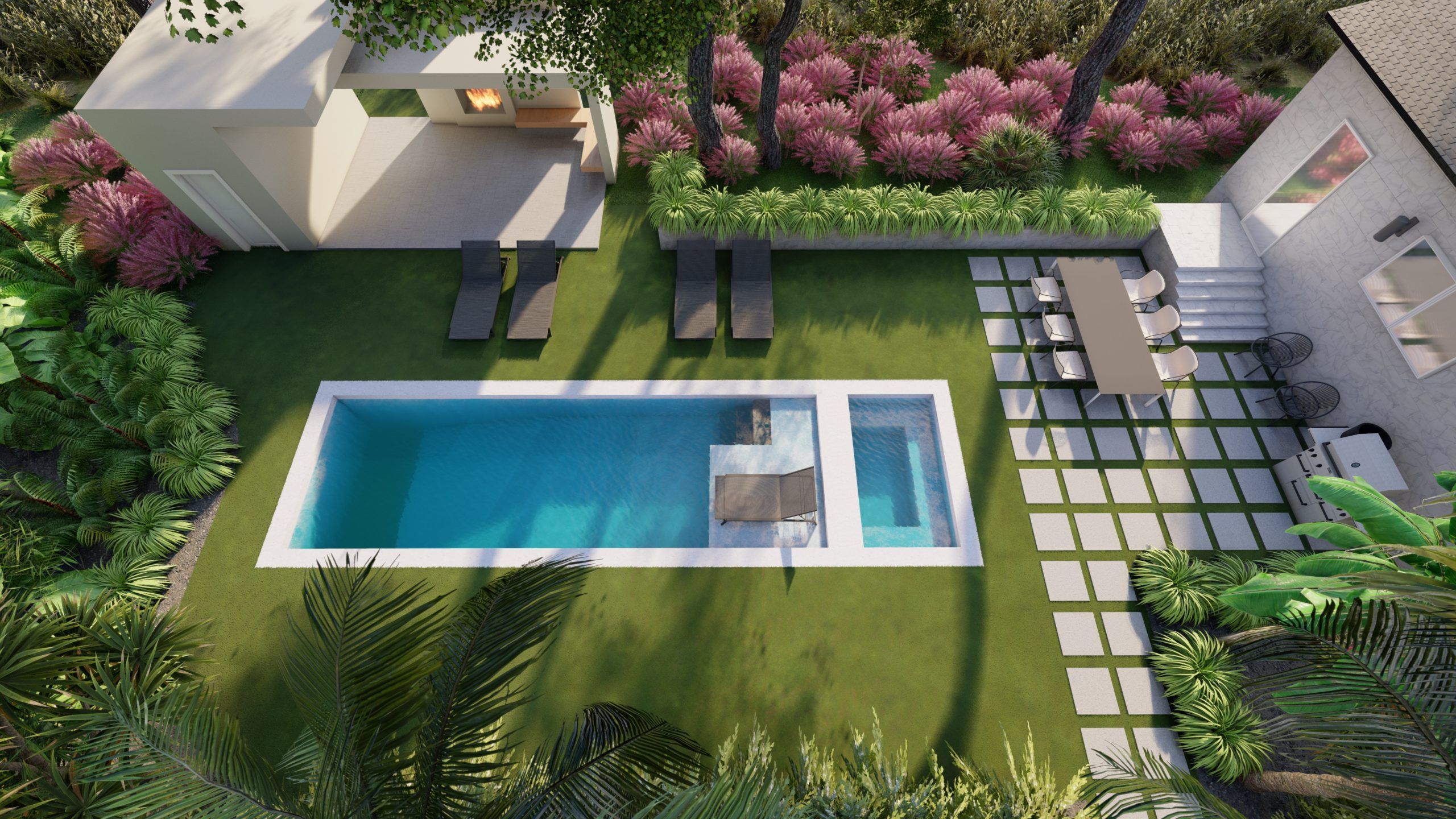 Aerial view of a backyard modern pool