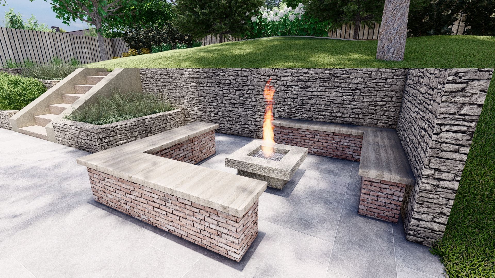 natural stone rock retaining wall in a sloped backyard