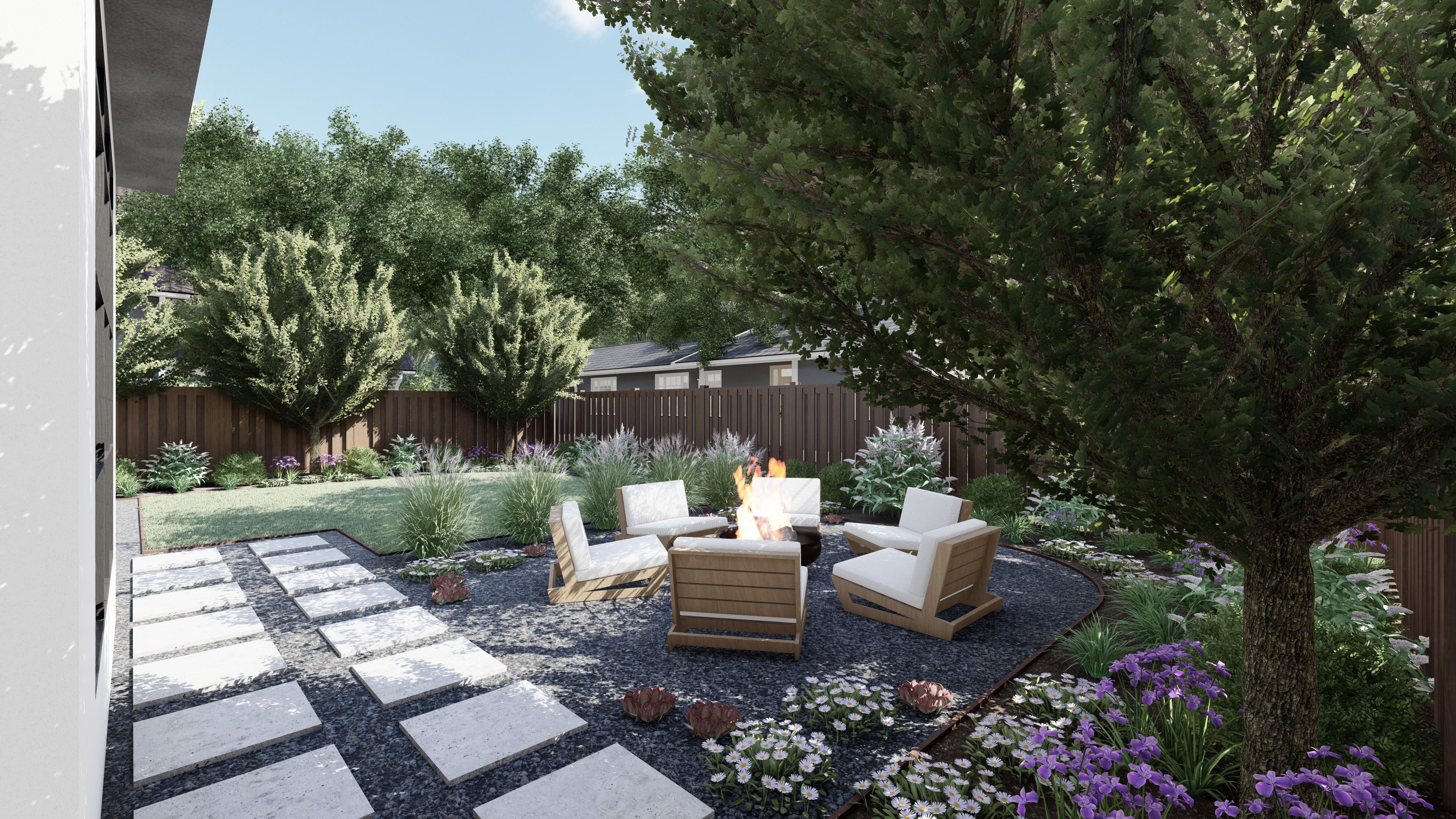 gravel patio ideas with planted gardens surrounding