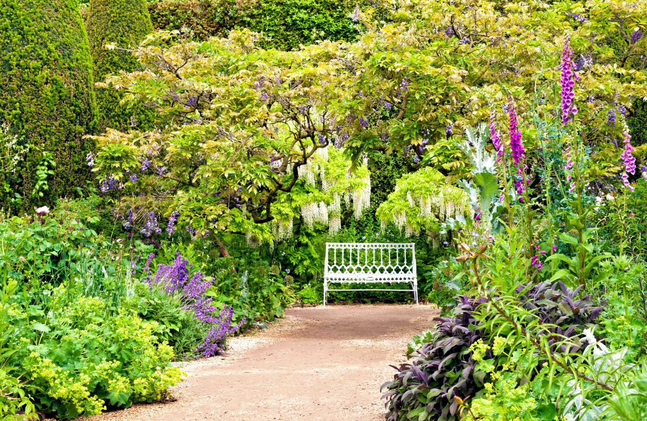 a rod iron bench set in an english garden